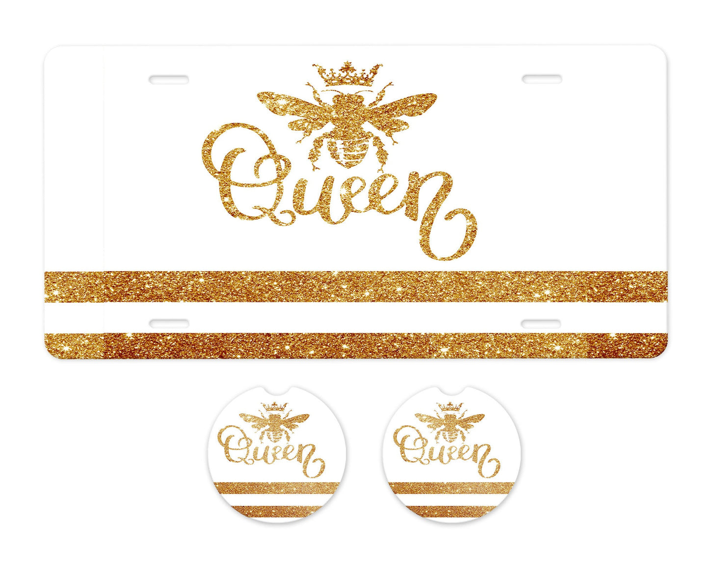 Gold Queen Bee Aluminum Front License Plate and Car Coaster Set