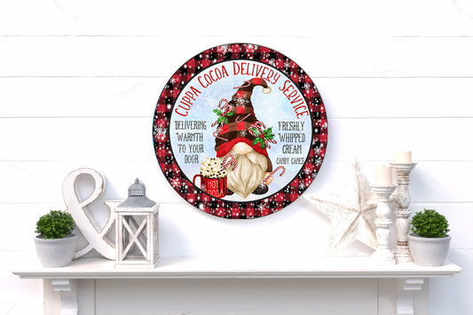 Cuppa Hot Cocoa Gnome Delivery Round Printed Handmade Wood Sign