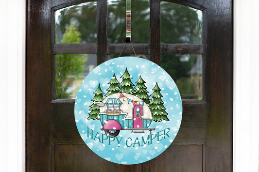 Pink and Blue Happy Camper Round Printed Handmade Wood Sign