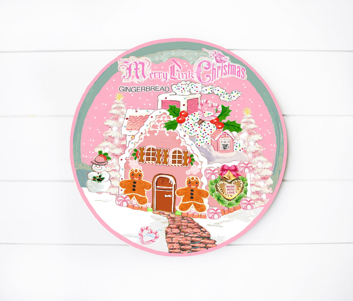 Pink Gingerbread Christmas Round Printed Handmade Wood Sign