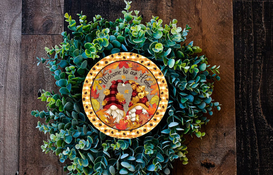 Bienvenido otoño gnomos redondo impreso hecho a mano signo de madera