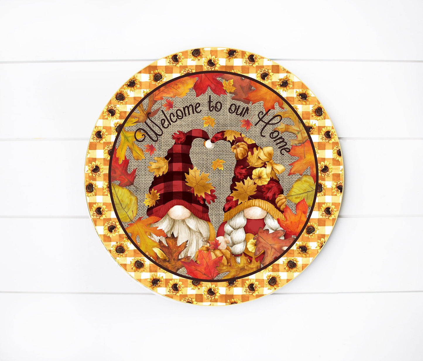 Welcome Fall Gnomes Round Printed Handmade Wood Sign