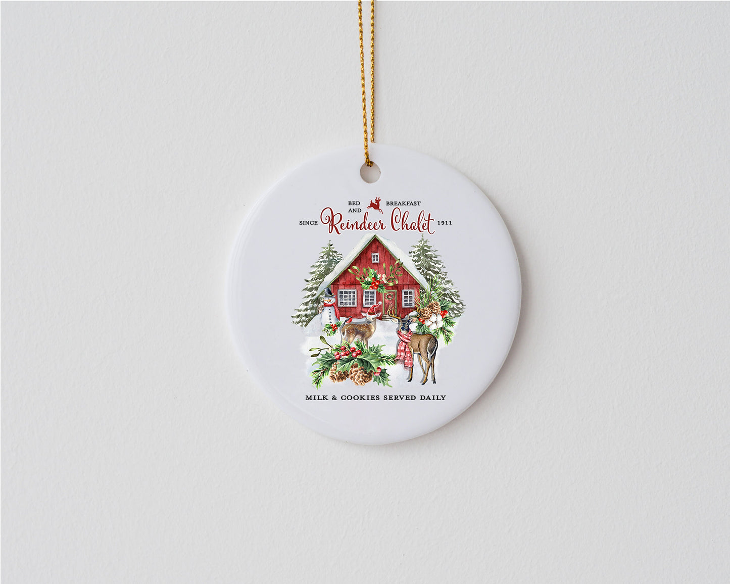 Reindeer Chalet Ceramic Christmas Ornament