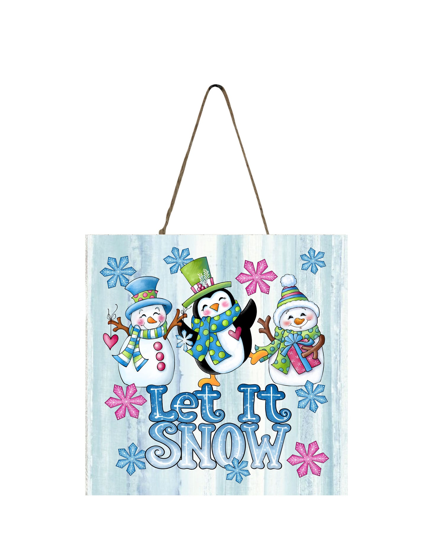 Let it Snow muñecos de nieve impresos hechos a mano adorno de Navidad de madera Mini letrero