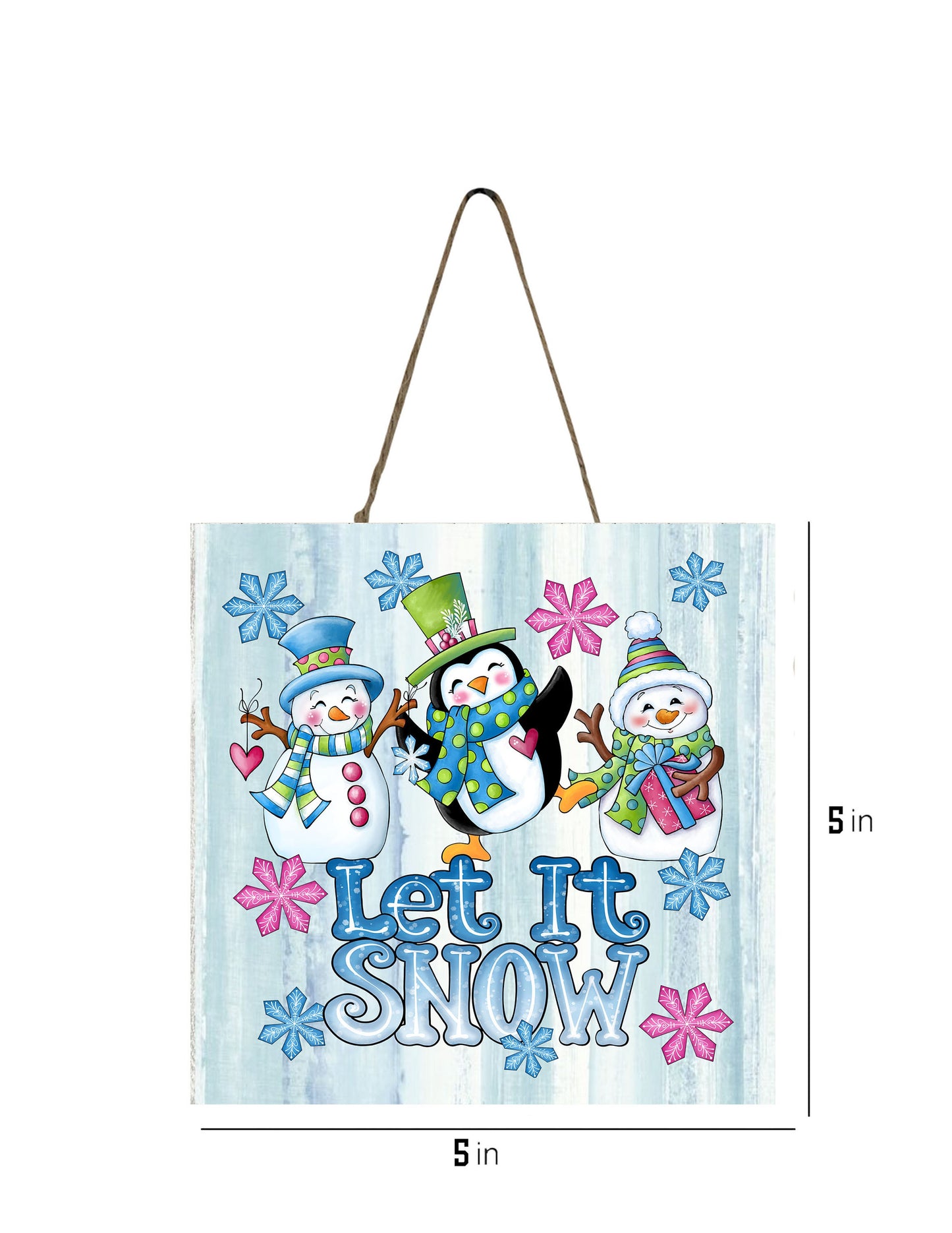 Let it Snow muñecos de nieve impresos hechos a mano adorno de Navidad de madera Mini letrero