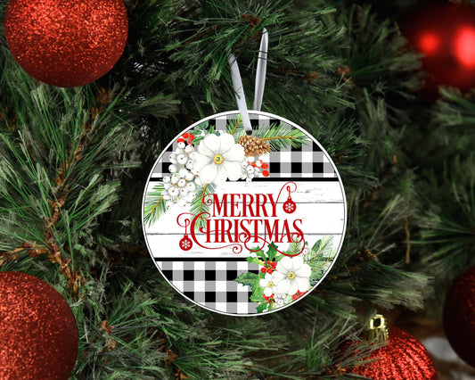 Black Plaid Merry Christmas Ceramic Christmas Ornament