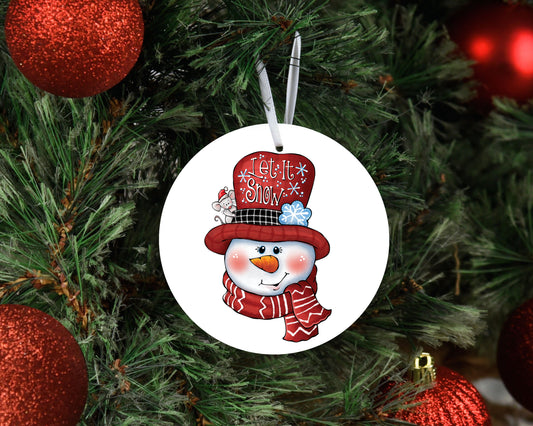Adorno navideño de cerámica con muñeco de nieve y sombrero rojo
