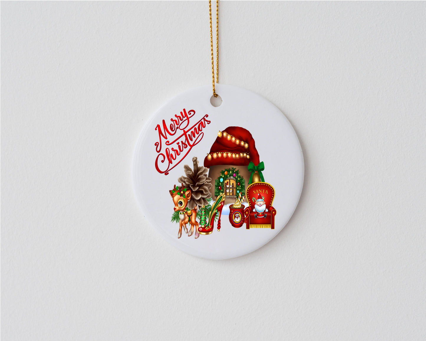Santa Cottage and Reindeer Ceramic Christmas Ornament