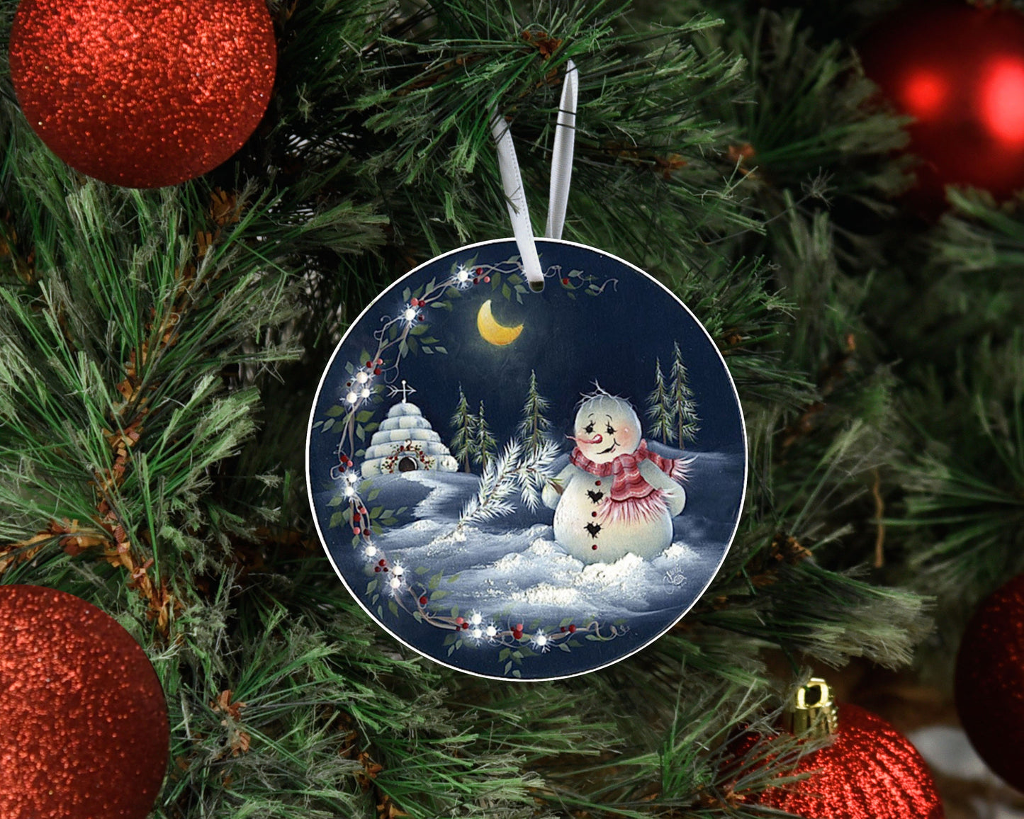 Snowman at Night Ceramic Christmas Ornament