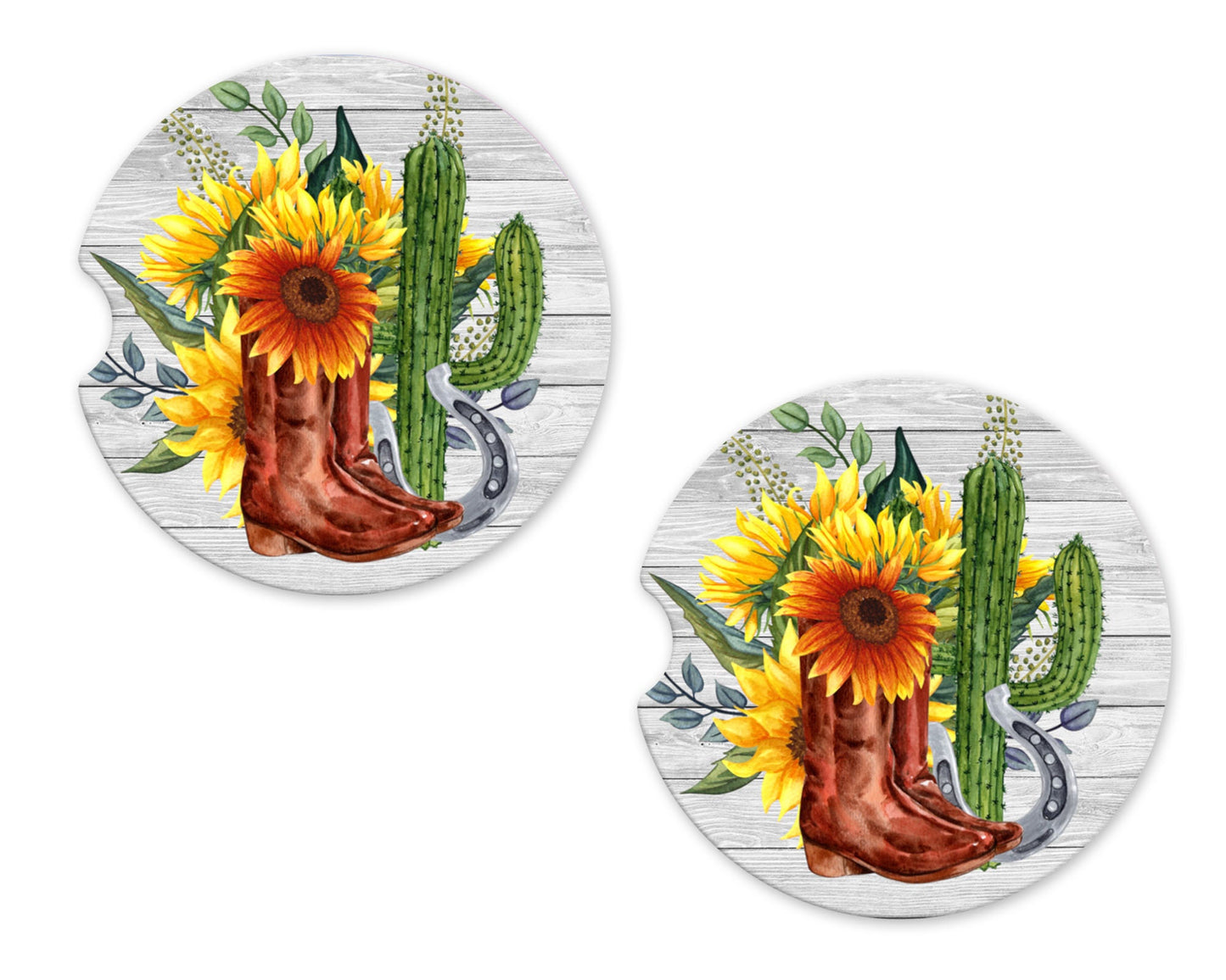 Set of 2 Cowboy Boots and Cactus Western Sandstone Car Coasters