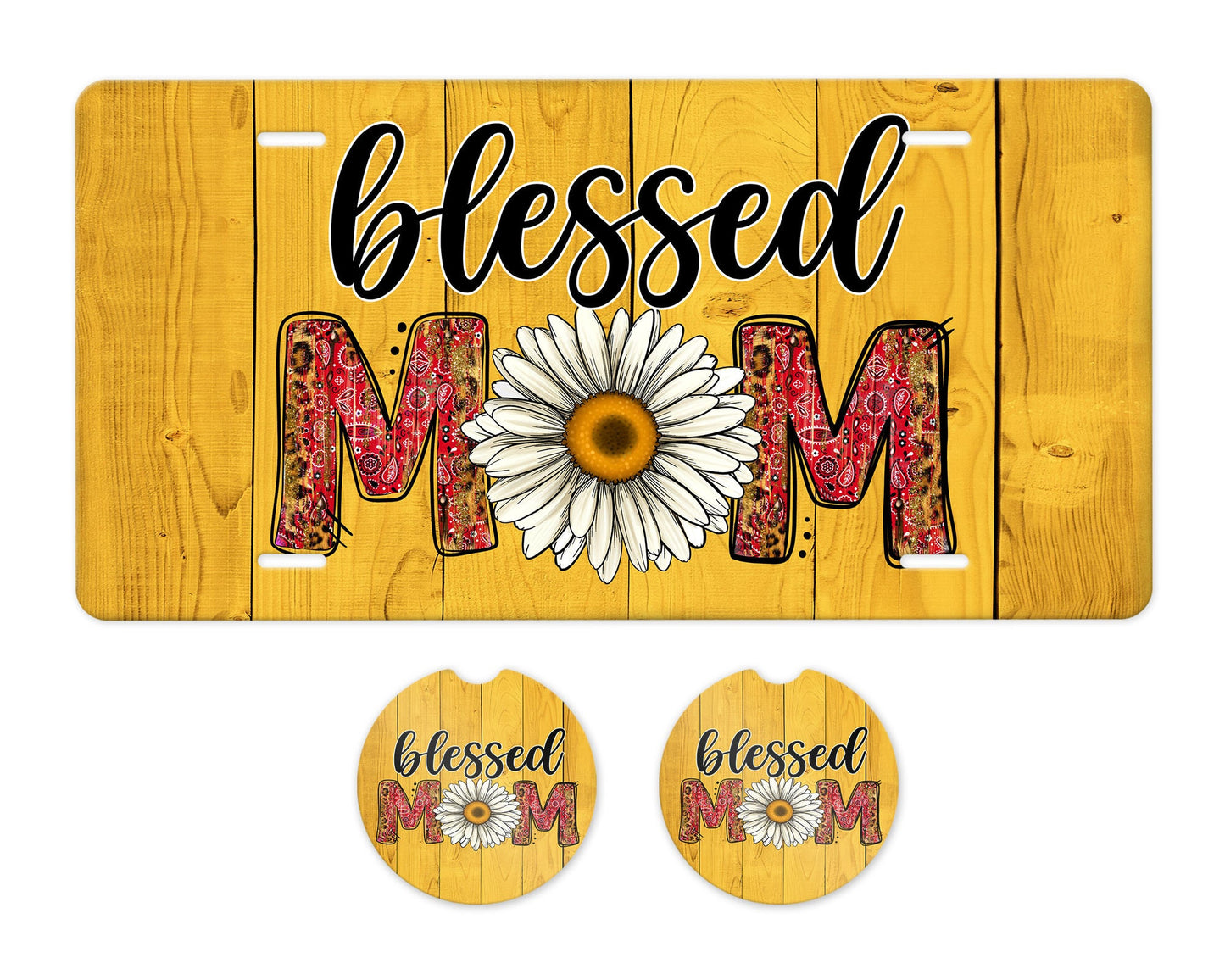 Blessed Mom Daisy Aluminum Front License Plate and Car Coaster Set