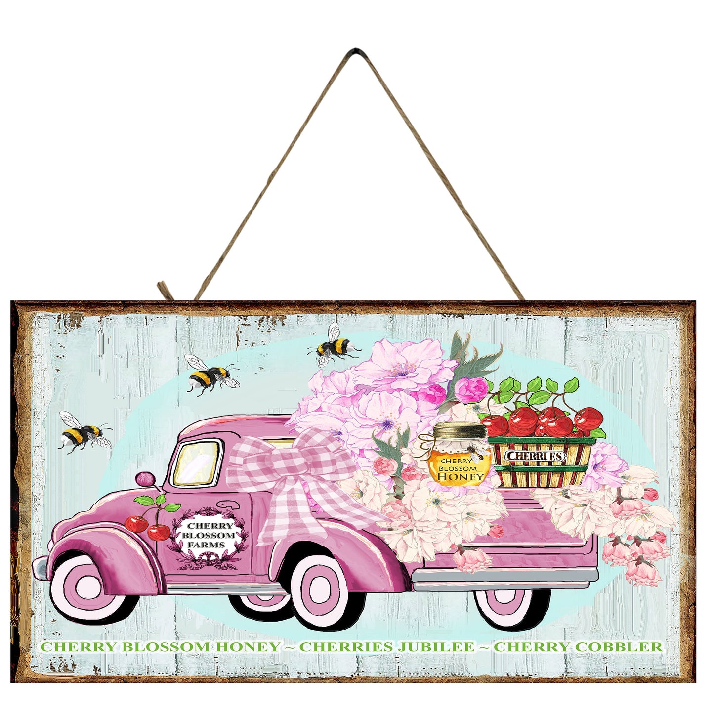 Cherry Blossom Farm Truck Printed Handmade Wood Sign