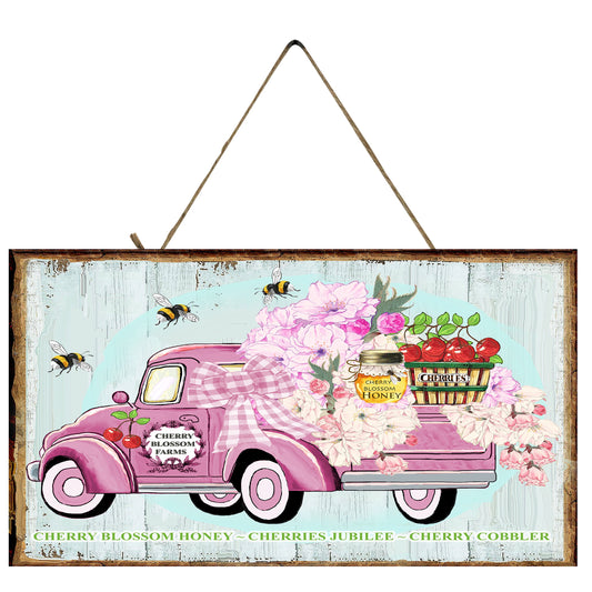 Cherry Blossom Farm Truck impreso hecho a mano letrero de madera