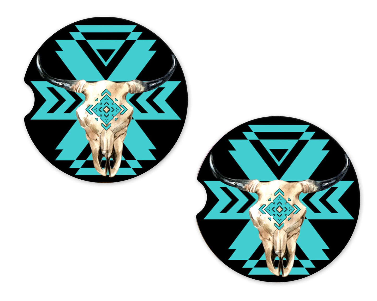 Set of 2 Turquoise Cow Skull Sandstone Car Coasters