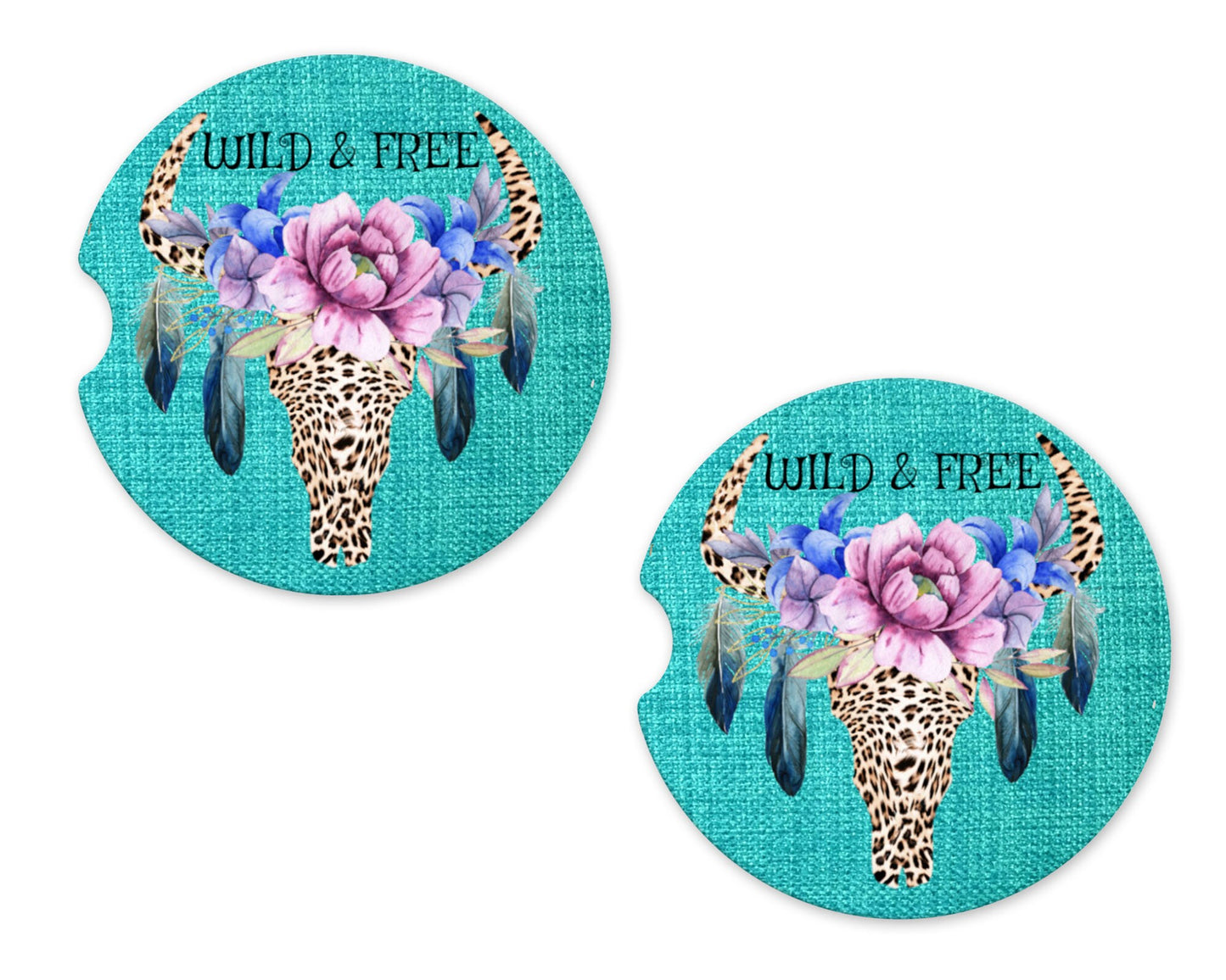 Set of 2 Wild and Free Leopard Cow Skull Sandstone Car Coasters