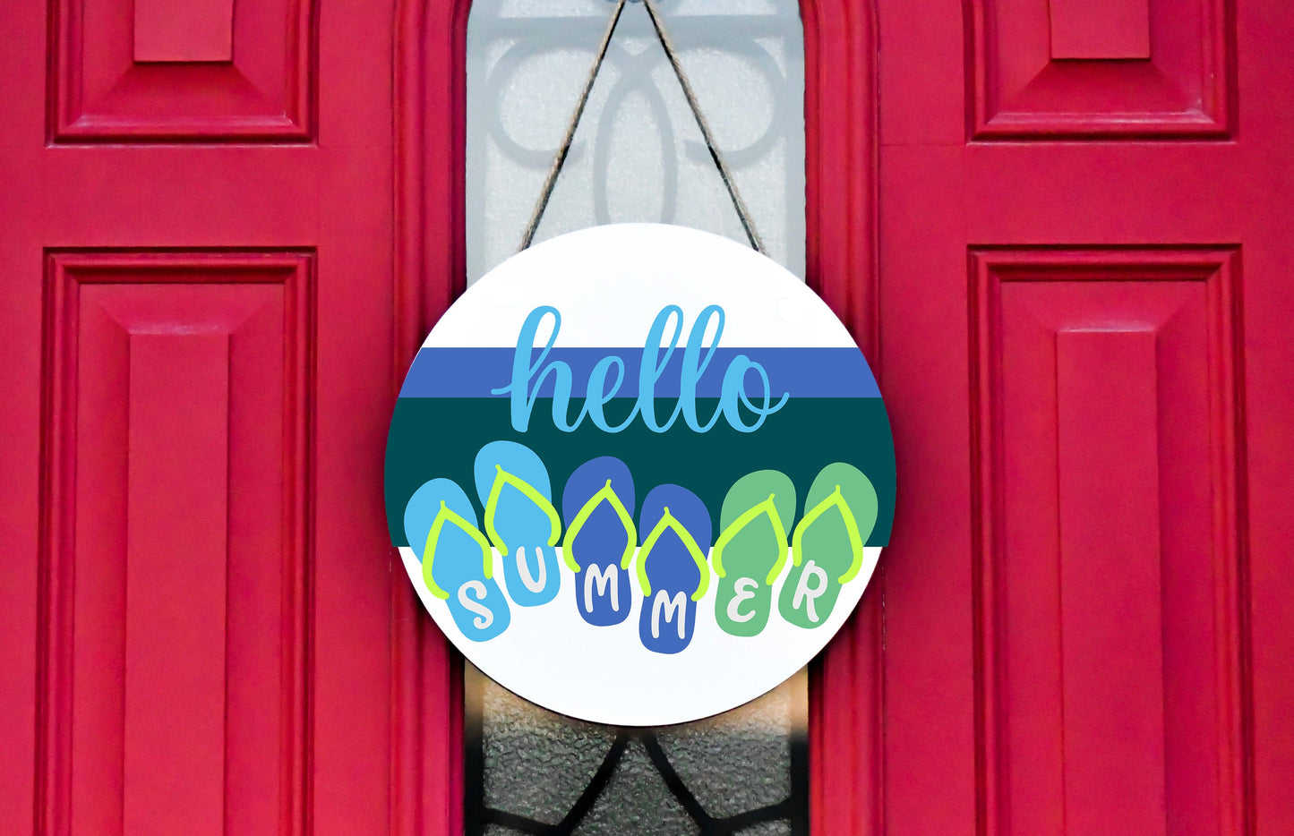 Hello Summer Flip Flops Round Printed Handmade Wood Sign