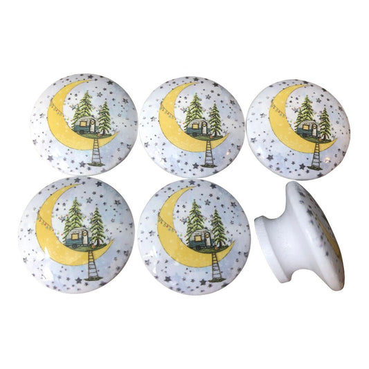Set of 6 Camping Under the Stars Print Wood Cabinet Knobs