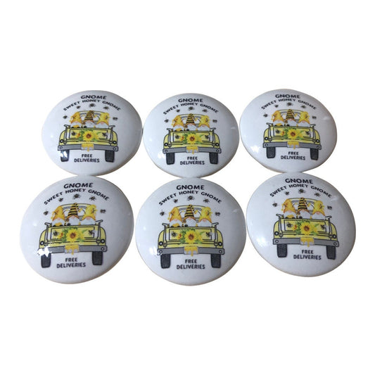 Set of 6 Gnome Sweet Honey Gnome Print Wood Cabinet Knobs