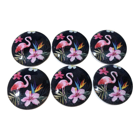 Set of 6 Tropical Flamingo Wood Cabinet Knobs