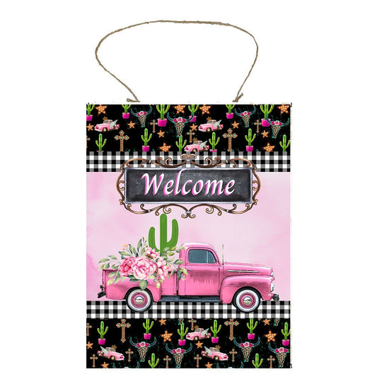 Pink Cactus Truck Welcome Printed Handmade Wood Sign