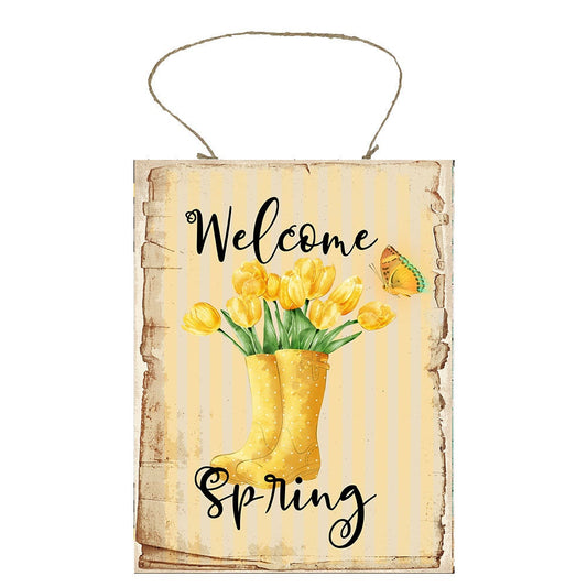 Welcome Spring Yellow Tulips Printed Handmade Wood Sign
