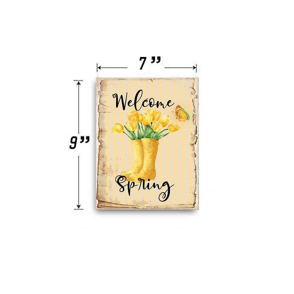 Welcome Spring Yellow Tulips Printed Handmade Wood Sign