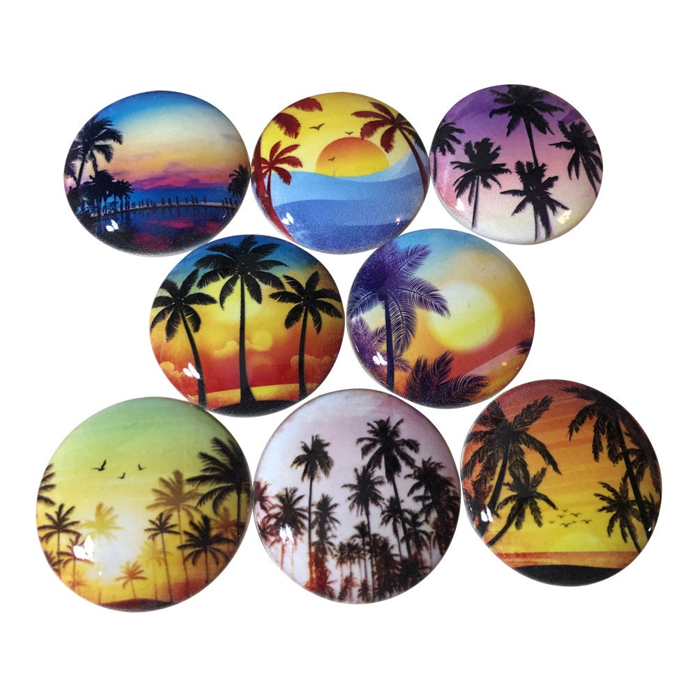 Set of 8 Sunset Beach Palm Trees Wood Cabinet Knobs