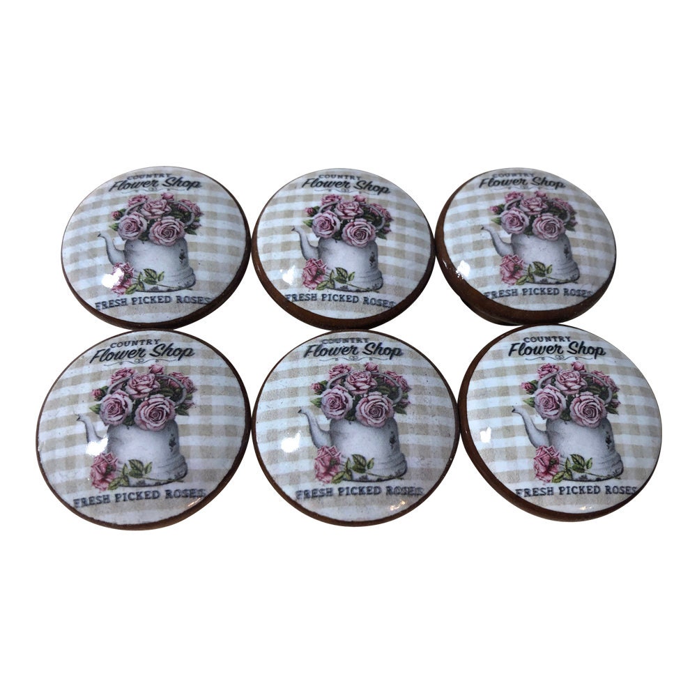 Set of 6 Country Flower Shop Wood Cabinet Knobs