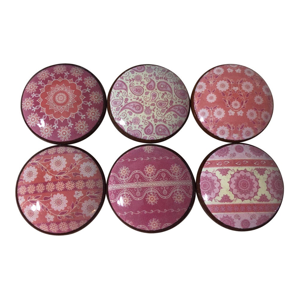 Set of 6 Paisley Party Wood Cabinet Knobs