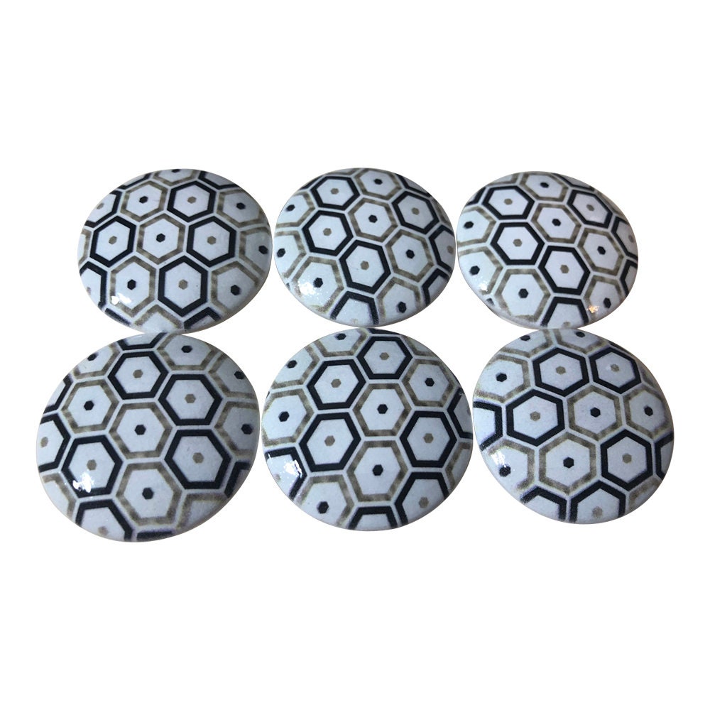 Set of 6 Geometric Octogons Print Wood Cabinet Knobs