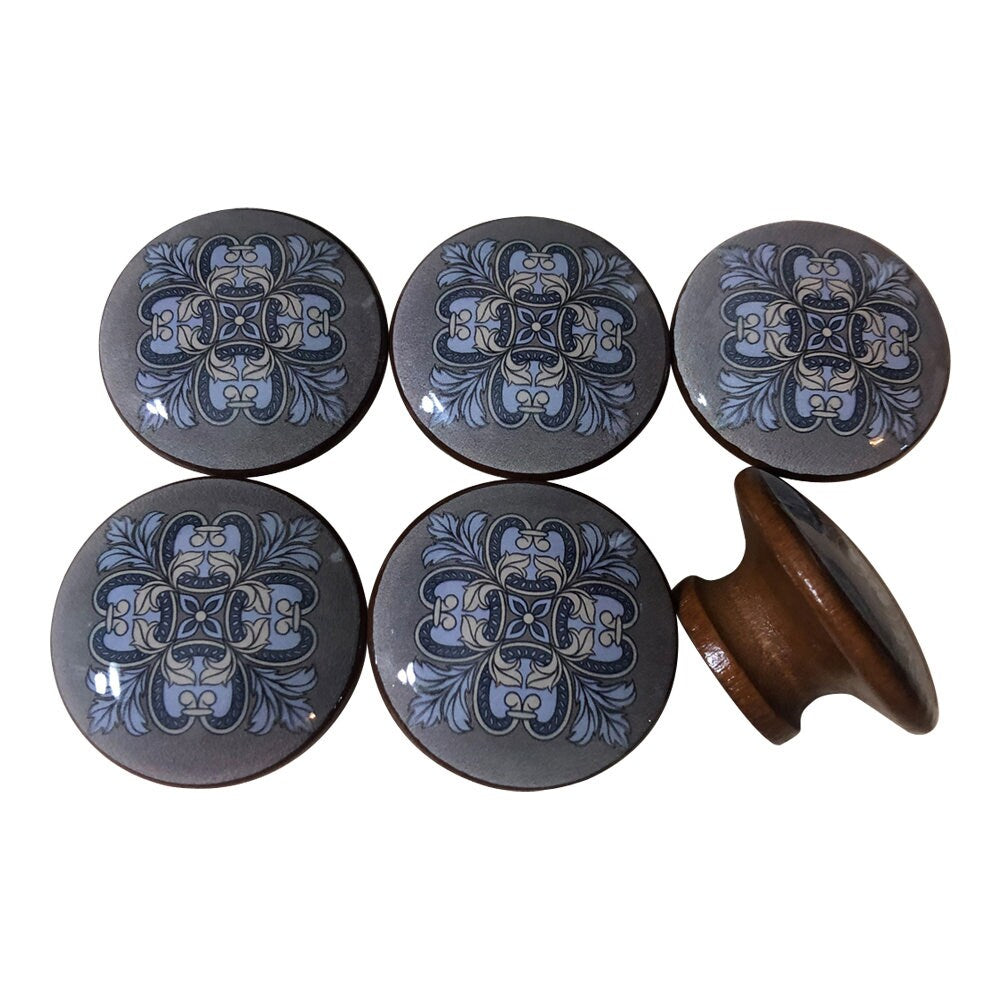 Cabinet Knobs, Drawer Knobs and Pulls, Set of 6 Cameron Medallion Print Wood Cabinet Knobs, Kitchen Cabinet Knobs