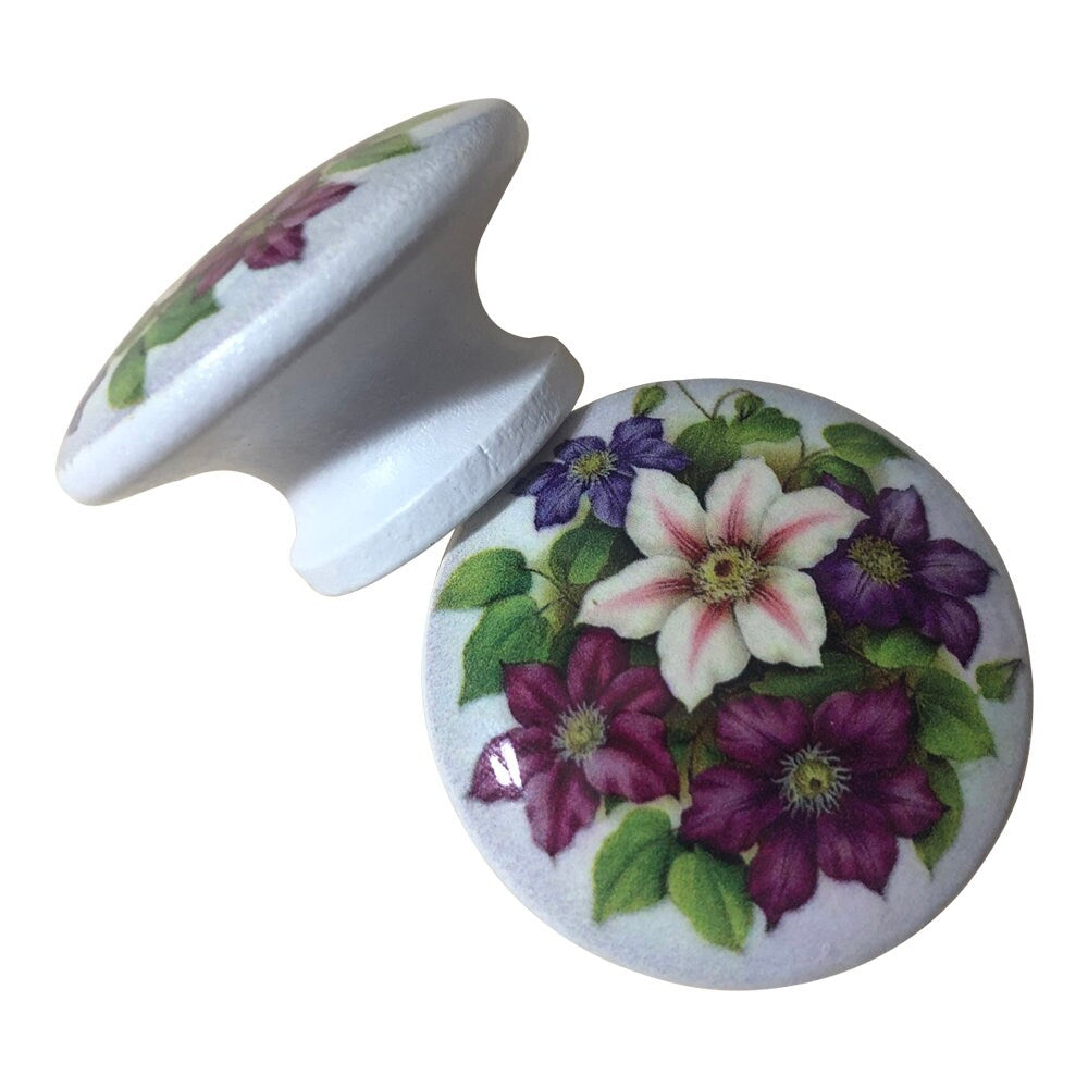 Cabinet Knobs, Drawer Knobs, Set of 6 Clementis Flowers Print Wood Cabinet Knobs, Floral Cabinet Knobs and Drawer Pulls