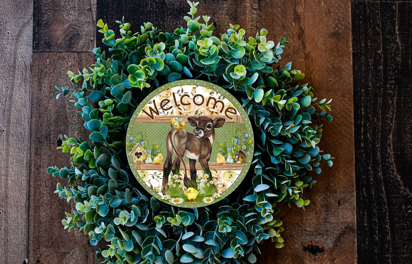 Spring Calf Welcome Round Printed Handmade Wood Sign