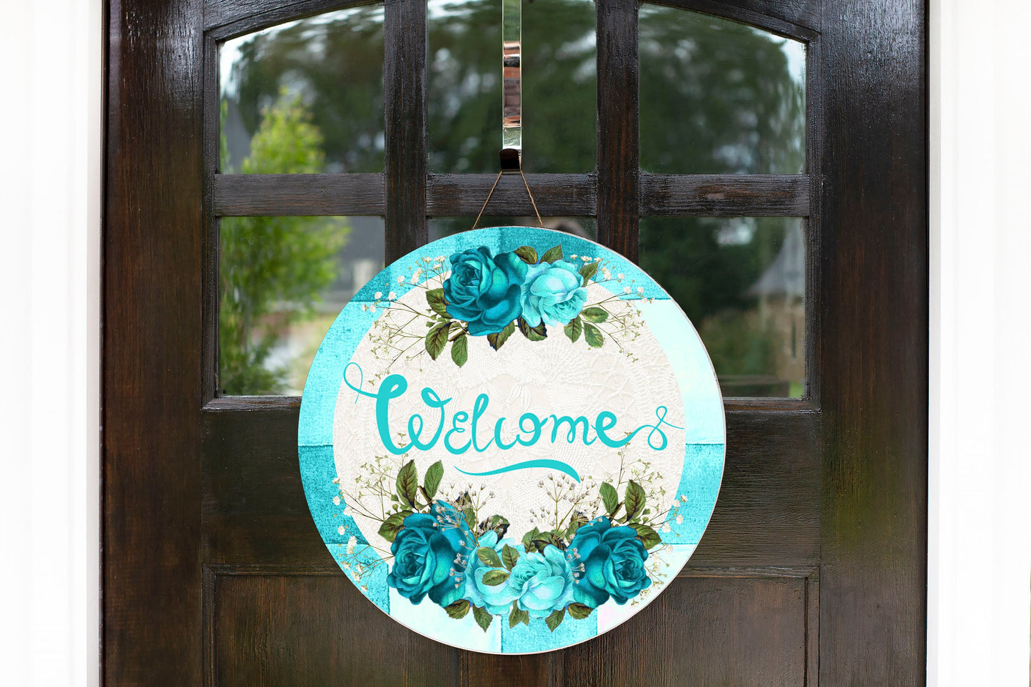 Teal Roses Welcome Round Printed Handmade Wood Sign