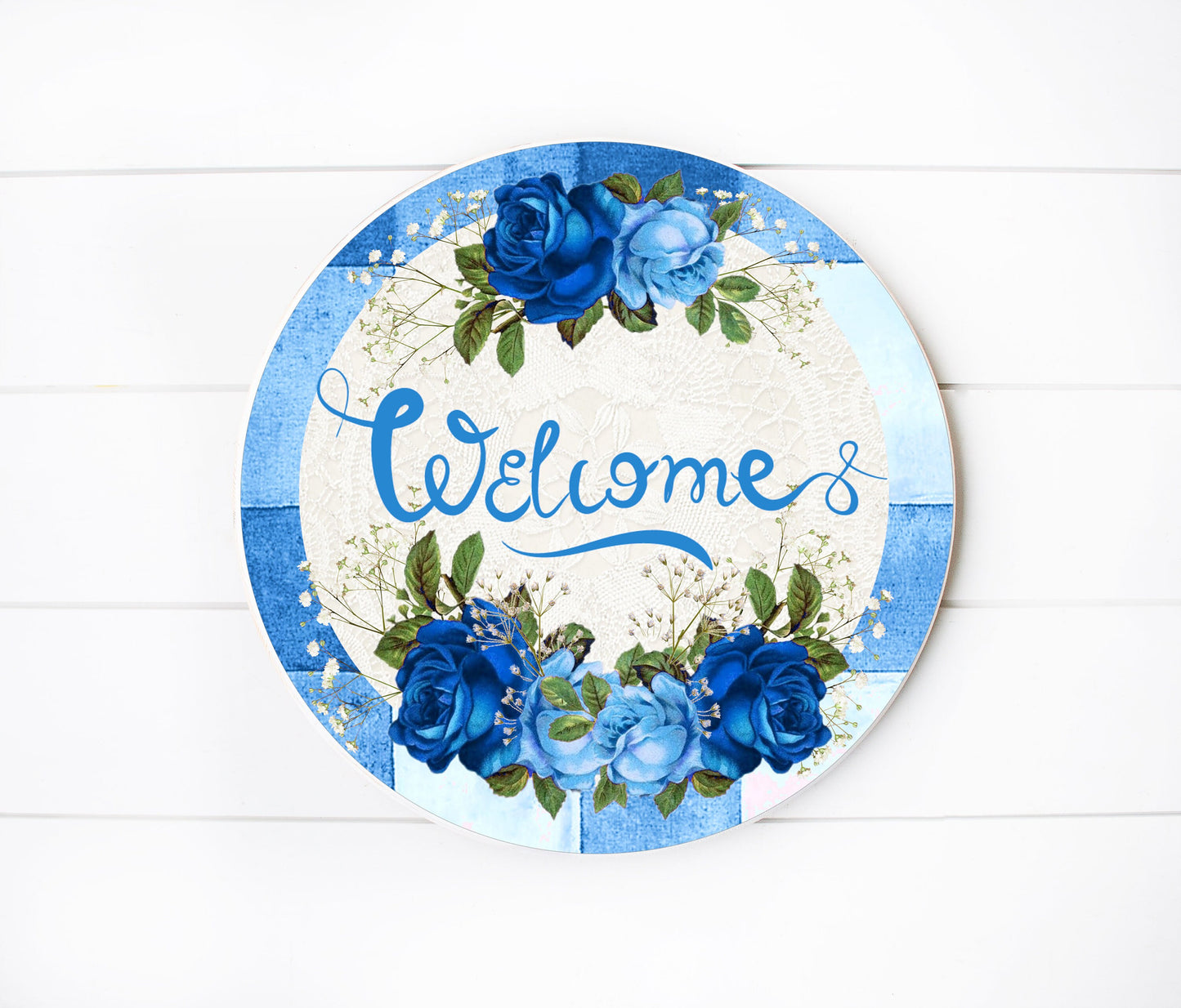 Blue Roses Welcome Round Printed Handmade Wood Sign