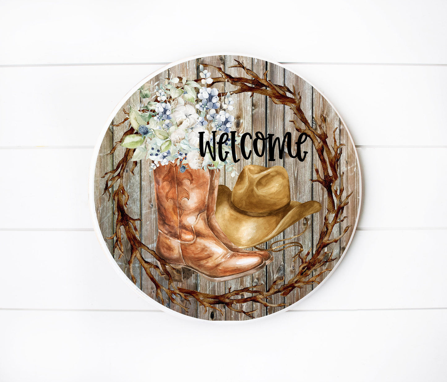 Western Boots and Hat Welcome Round Printed Handmade Wood Sign