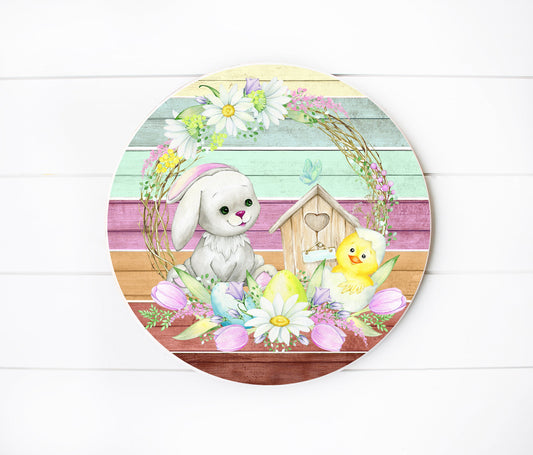 Easter Wreath Round Printed Handmade Wood Sign