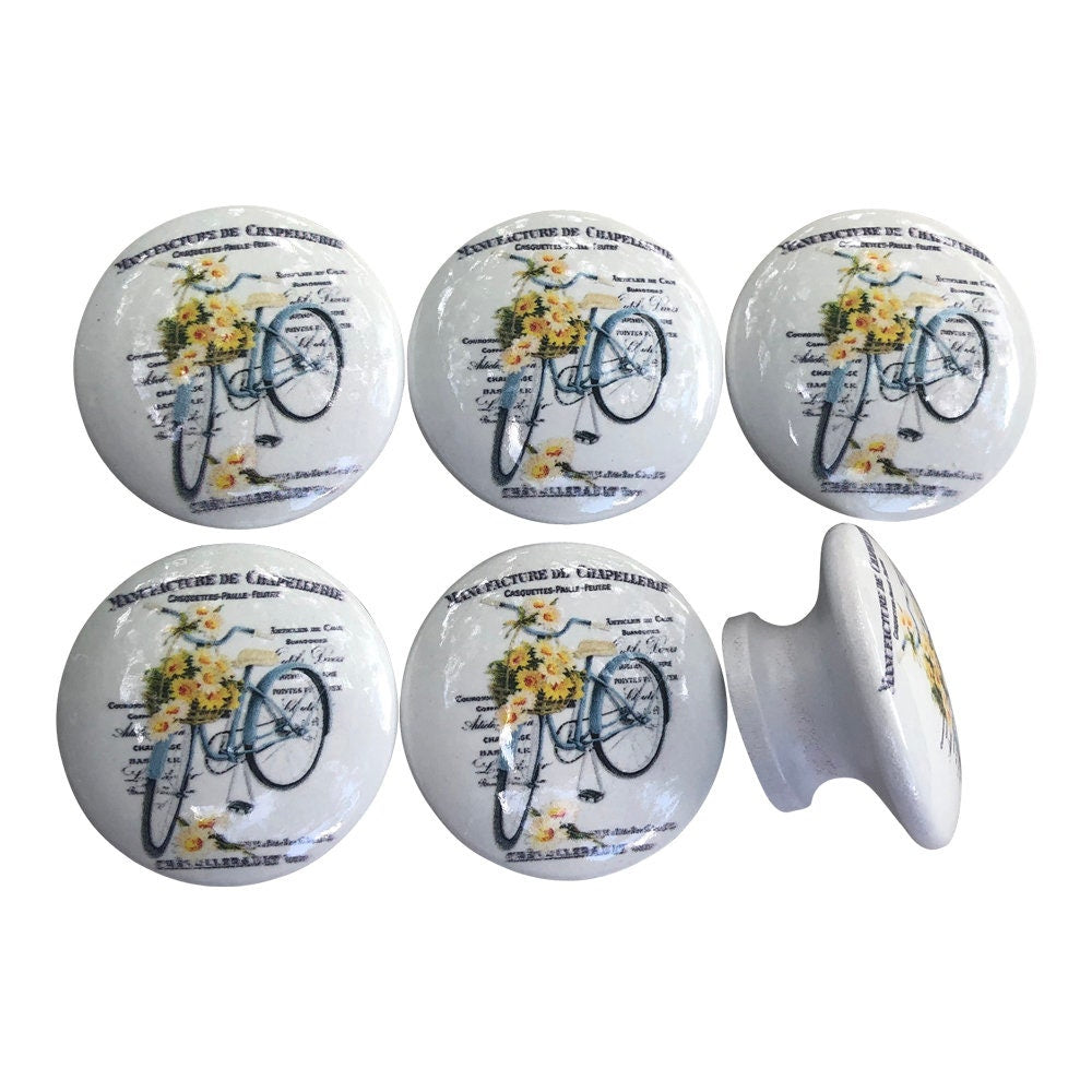 Set of 6 Floral Bicycle Print Cabinet Knobs