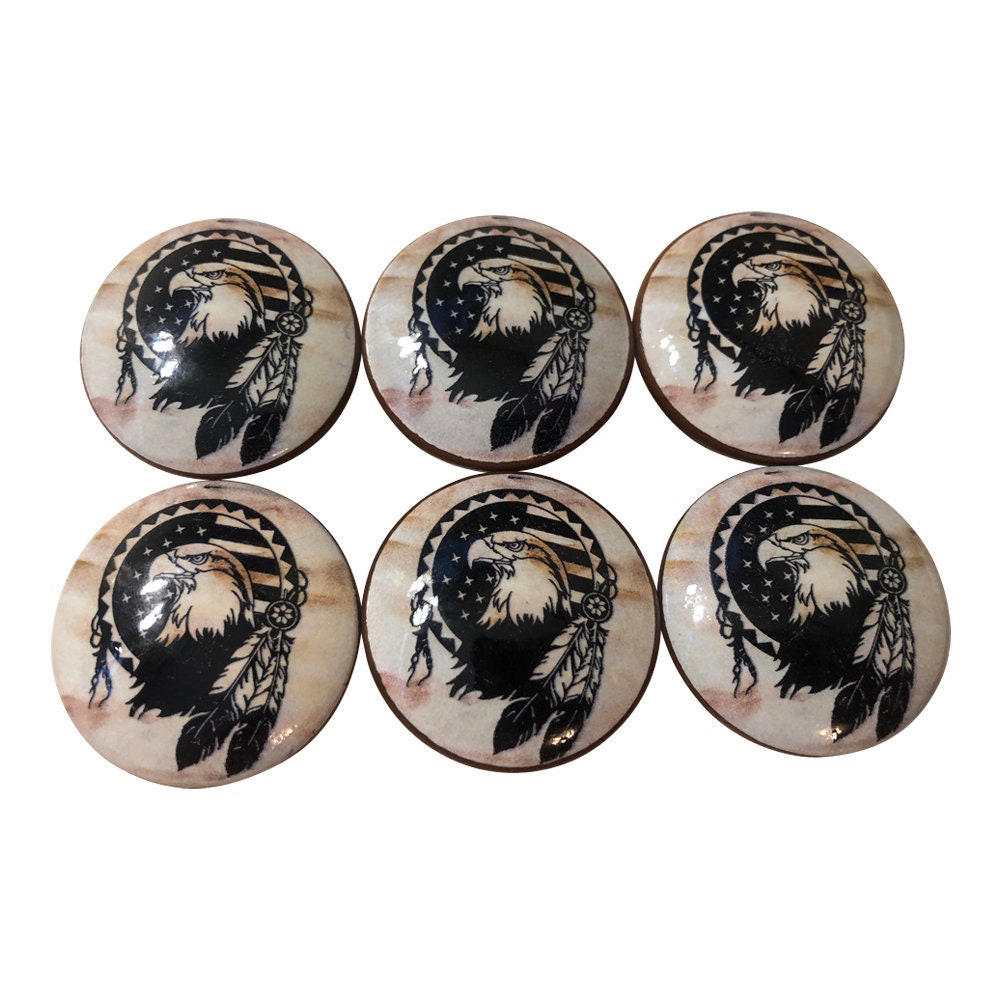 Set of 6 American Eagle Print Wood Cabinet Knobs