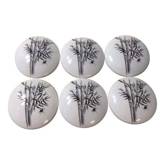 Set of 6 Japanese Garden Bamboo Print Wood Cabinet Knobs