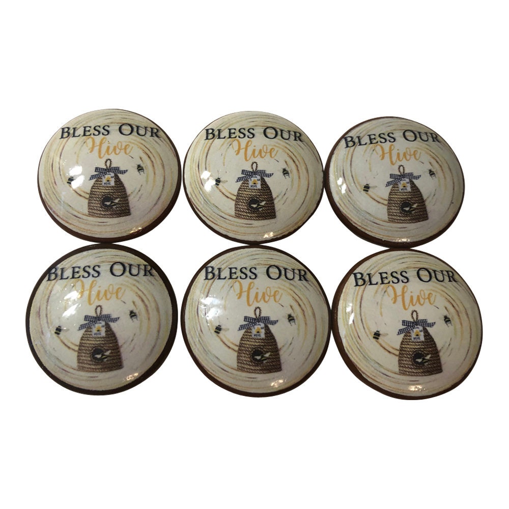 Set of 6 Bless Our Hive Print Wood Cabinet Knobs