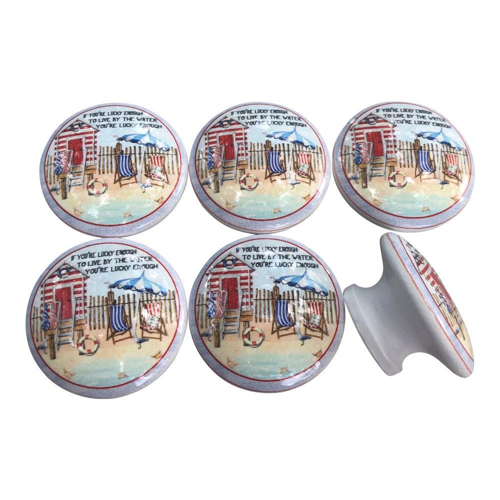 Set of 6 Lucky Beach Print Wood Cabinet Knobs