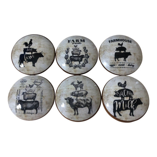 Set of 6 Farmhouse Animal Stack Print Wood Cabinet Knobs