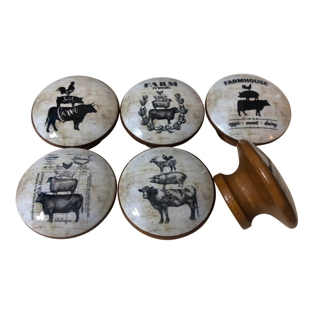 Cabinet Knobs, Set of 6 Farmhouse Animal Stack Print Wood Cabinet Knobs, Drawer Knobs and Pulls, Kitchen Cabinet Knobs, Farmhouse Knobs