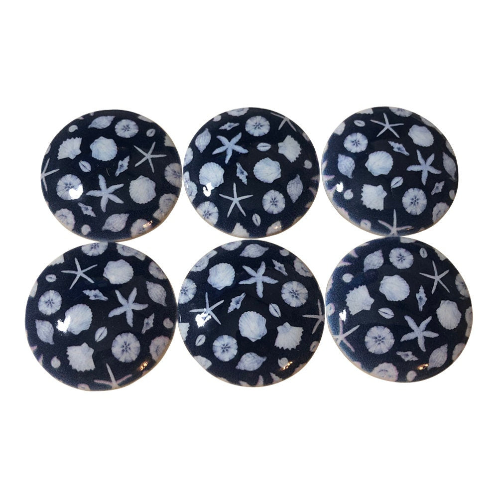 Set of 6 Seashells on Blue Print Wood Cabinet Knobs