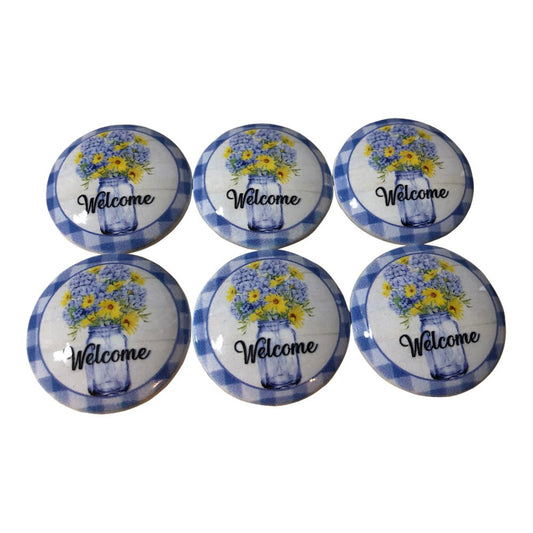 Set of 6 Blue Floral Welcome Wood Cabinet Knobs