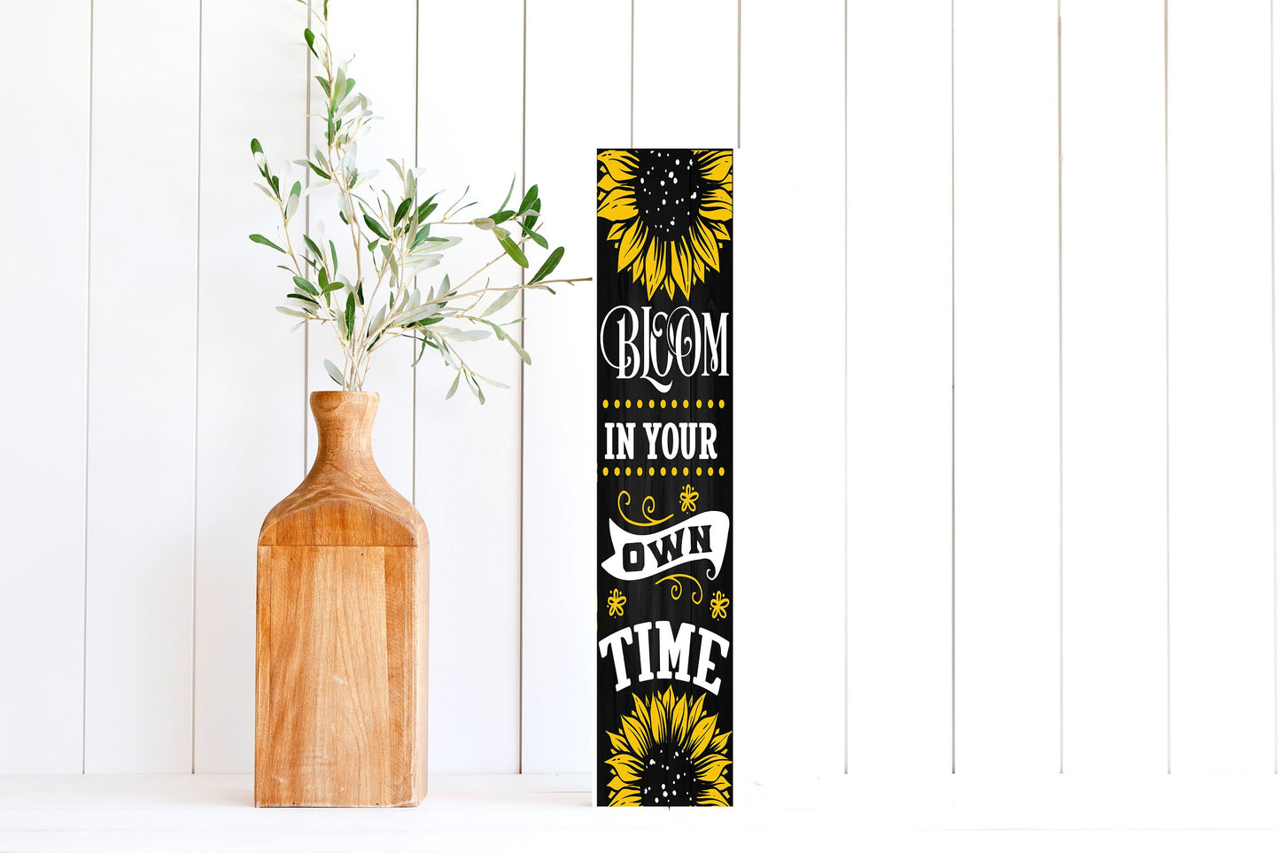 24 Inch (2 Foot Tall) Bloom in Your Own Time Black or White Vertical Wood Print Sign
