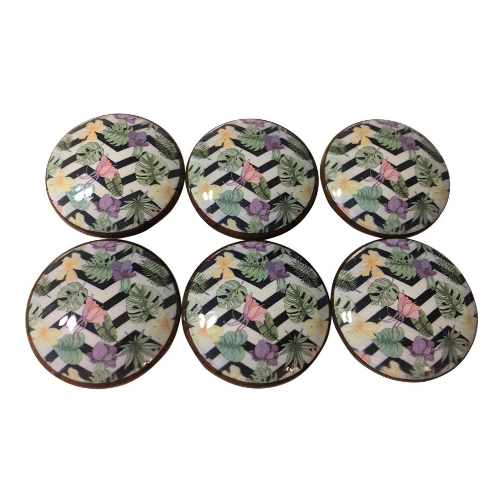 Set of 6 Tropical Chevron  Print Wood Cabinet Knobs