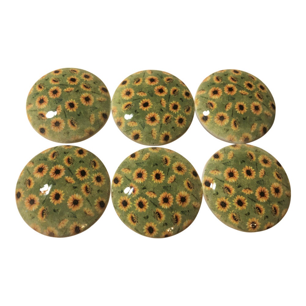 Set of 6 Sunflowers on a Field of Green Print Wood Cabinet Knobs