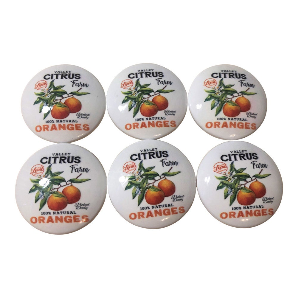 Set of 6 Citrus Farm Orange Print Wood Cabinet Knobs